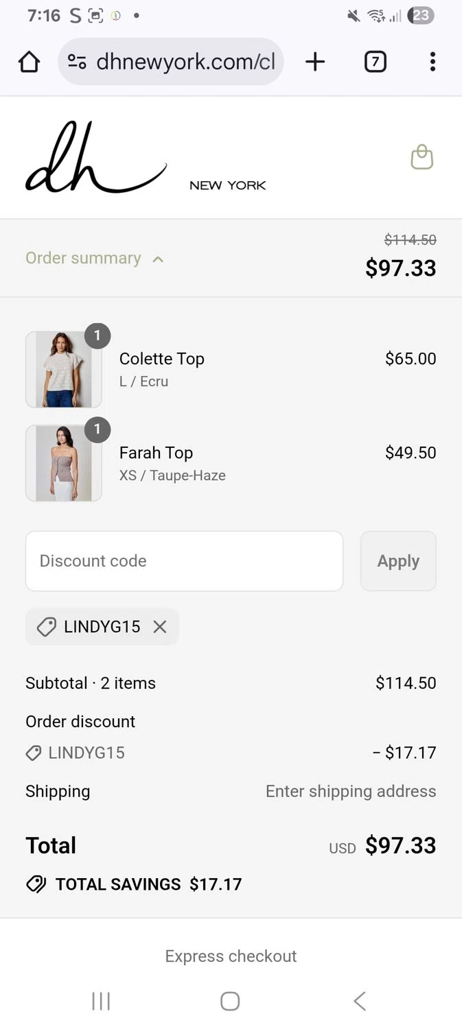 DH New York promo code screenshot showing code Lindyg15 applied at DH New York checkout page. Uploaded by SimplyCodes community member KarinaHZ on Sep 1, 2025