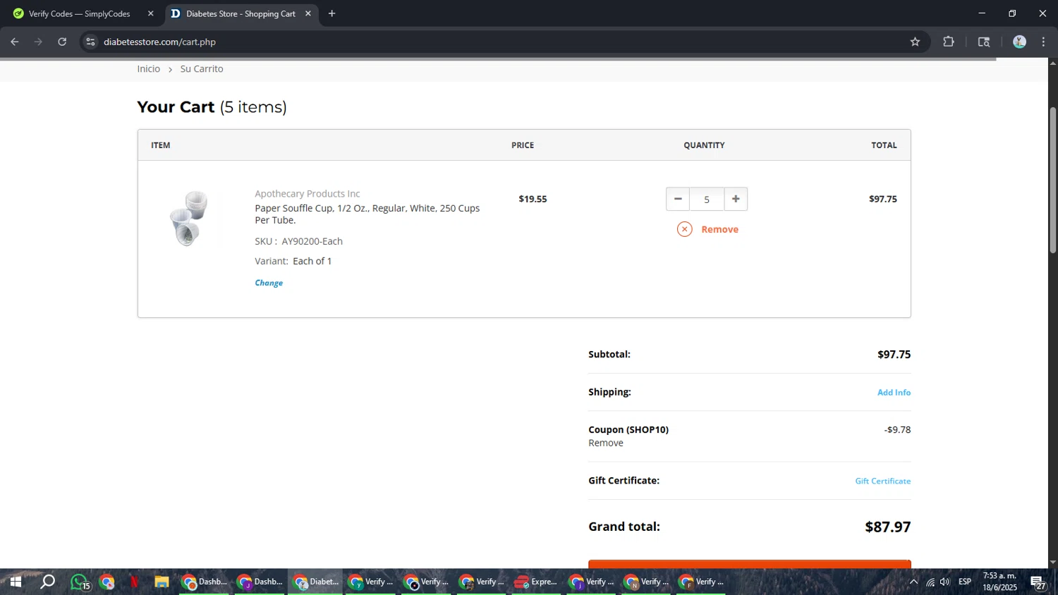 DiabetesStore promo code screenshot showing code SHOP10 applied at DiabetesStore checkout page. Uploaded by SimplyCodes community member ShrewdSeeker6165 on Jun 18, 2025