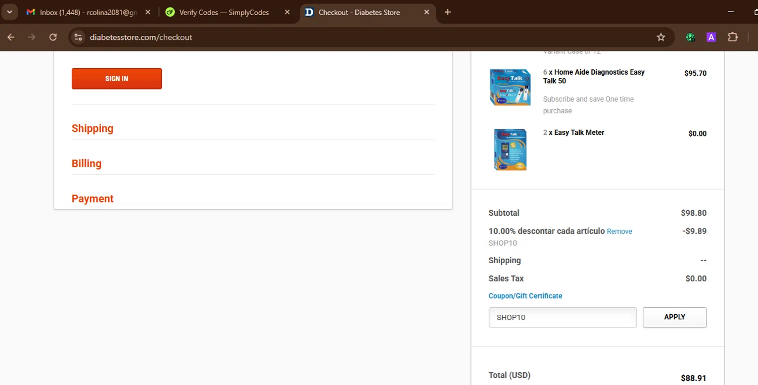 DiabetesStore promo code screenshot showing code SHOP10 applied at DiabetesStore checkout page. Uploaded by SimplyCodes community member SnoopDogg on Nov 11, 2025