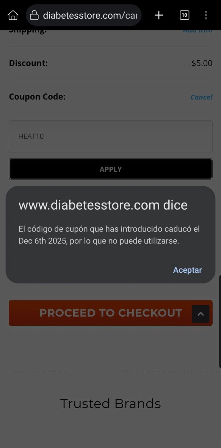 DiabetesStore promo code screenshot showing code HEAT10 applied at DiabetesStore checkout page. Uploaded by SimplyCodes community member Carloslvz on Dec 10, 2025