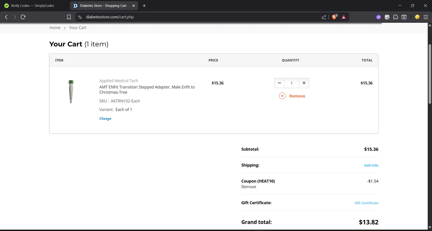 DiabetesStore checkout page showing DiabetesStore promo code box | Screenshot taken by SimplyCodes community member on Nov 11, 2025