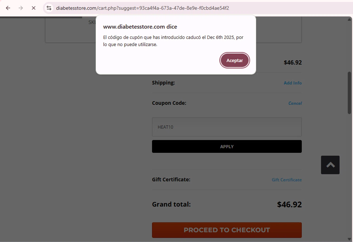 DiabetesStore promo code screenshot showing code HEAT10 applied at DiabetesStore checkout page. Uploaded by SimplyCodes community member PromoExpert5262 on Dec 10, 2025