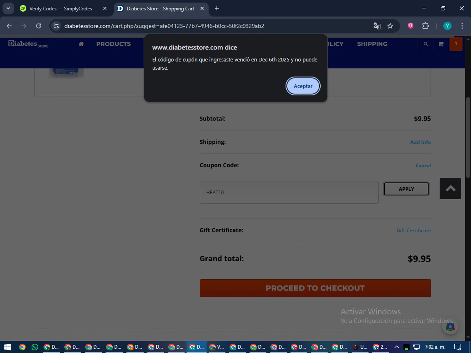 DiabetesStore promo code screenshot showing code HEAT10 applied at DiabetesStore checkout page. Uploaded by SimplyCodes community member RoyalEagle4794 on Dec 10, 2025