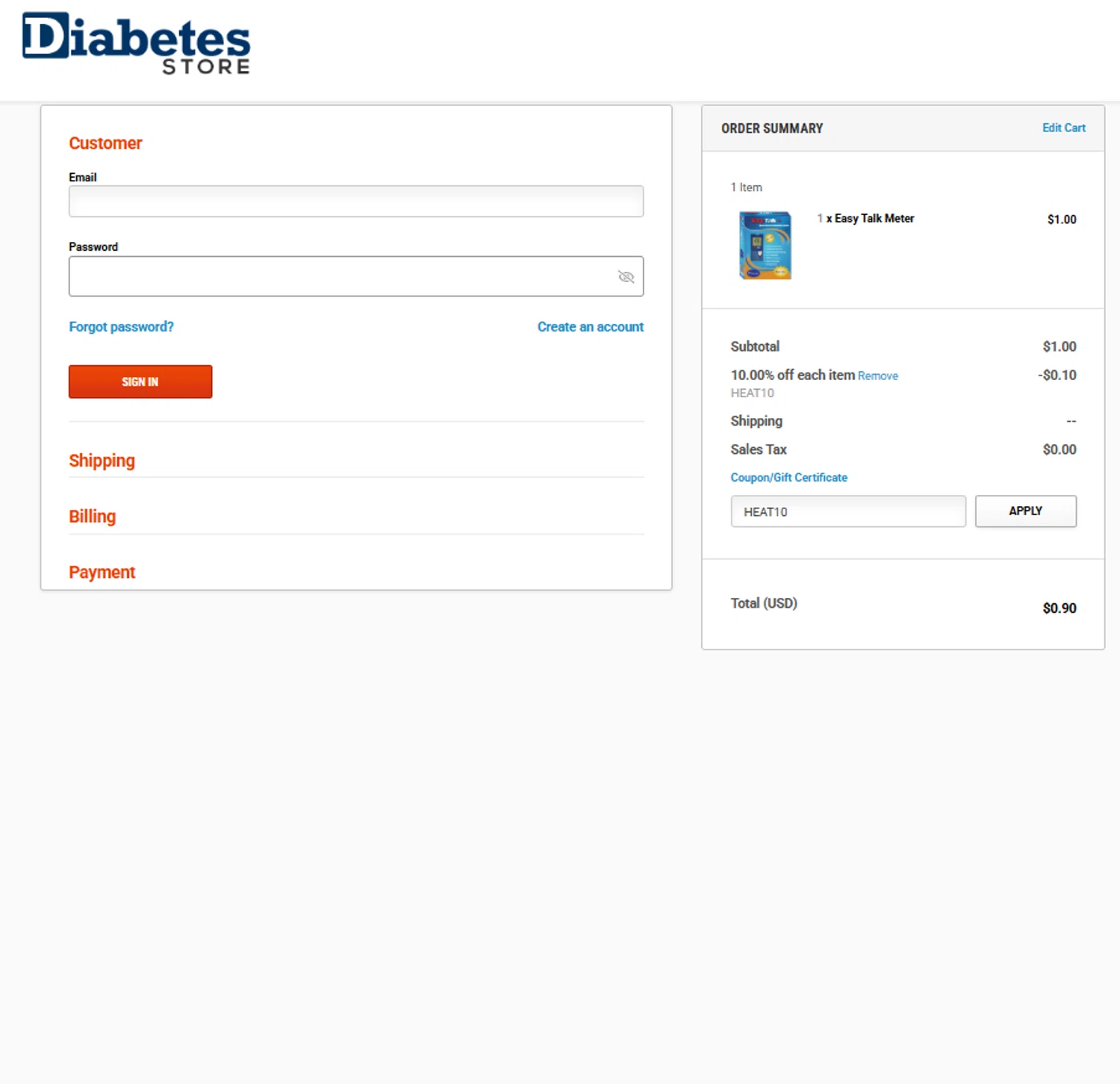 DiabetesStore checkout page showing DiabetesStore promo code box | Screenshot taken by SimplyCodes community member on Oct 23, 2025