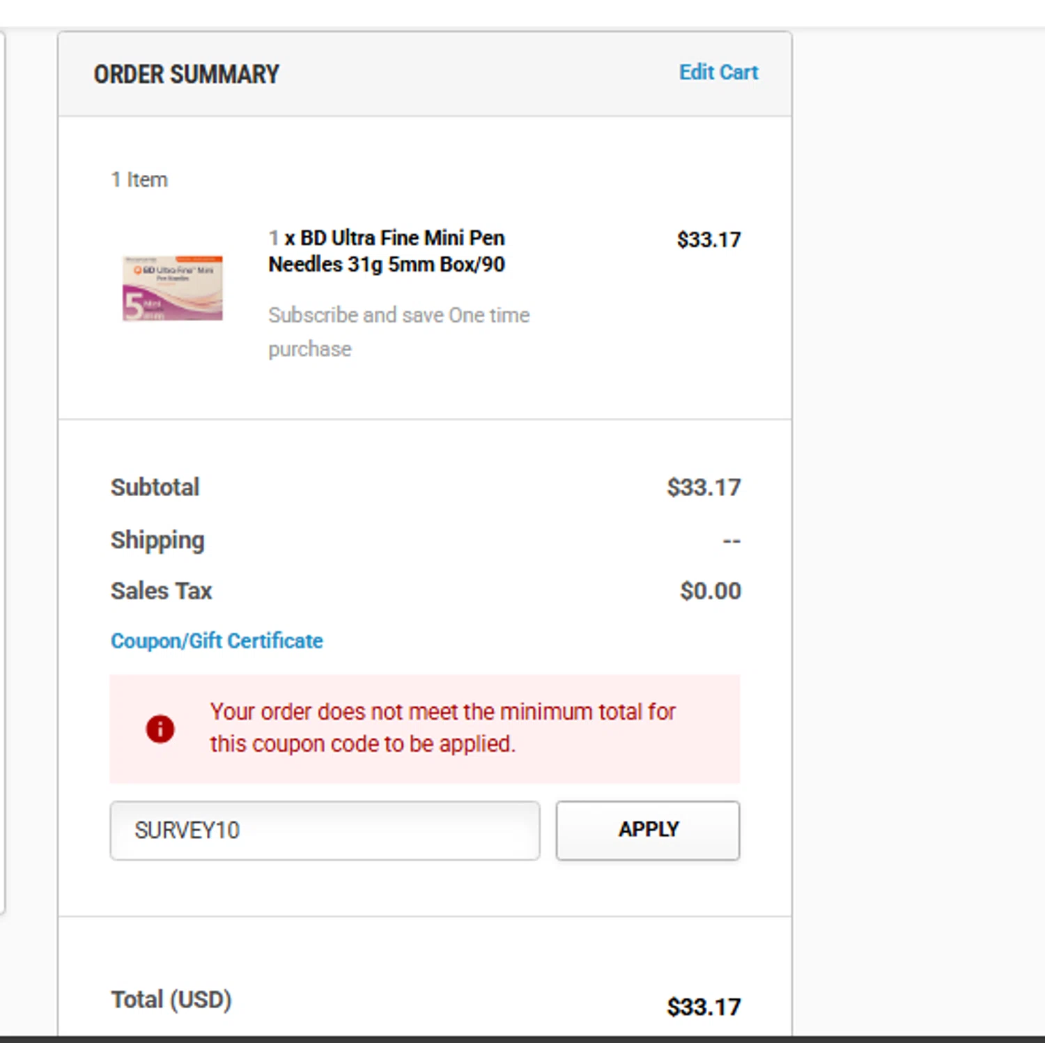 DiabetesStore promo code screenshot showing code SURVEY10 applied at DiabetesStore checkout page. Uploaded by SimplyCodes community member fjkdjkldsf on Sep 21, 2025