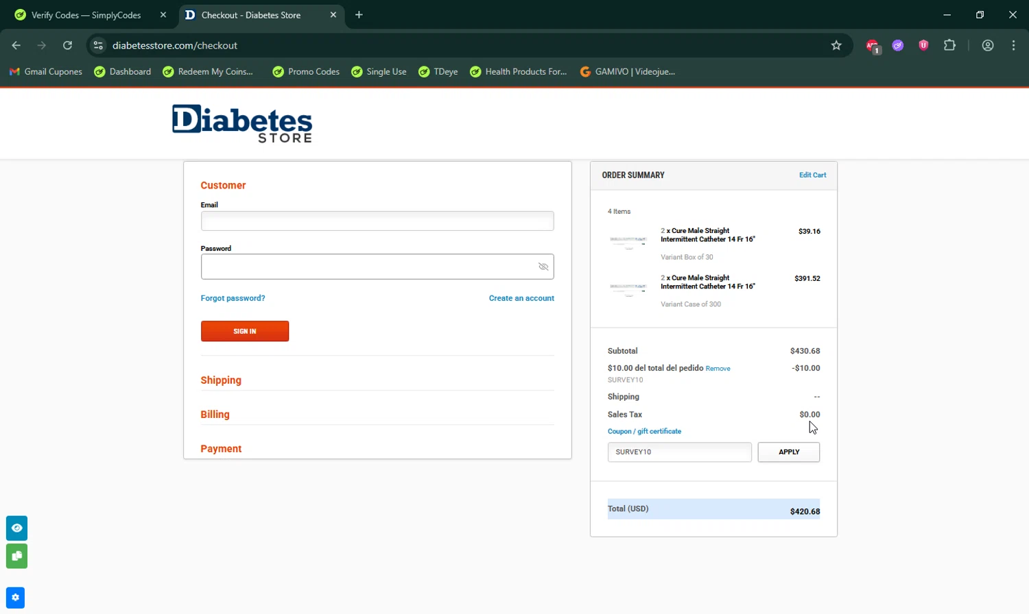 DiabetesStore promo code screenshot showing code SURVEY10 applied at DiabetesStore checkout page. Uploaded by SimplyCodes community member LHaunter on Dec 22, 2025