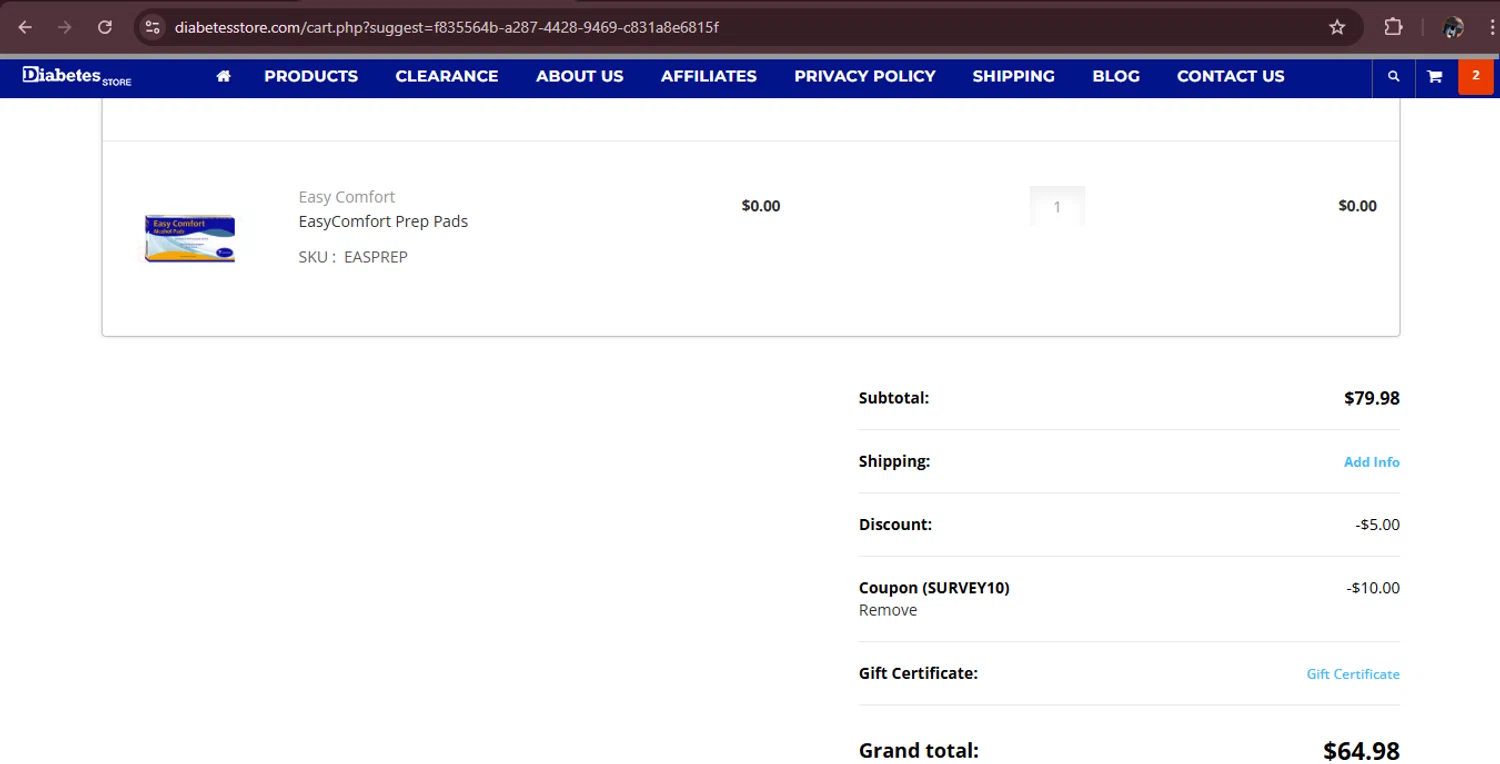 DiabetesStore promo code screenshot showing code SURVEY10 applied at DiabetesStore checkout page. Uploaded by SimplyCodes community member MagnificentAdmiral9096 on Aug 23, 2025