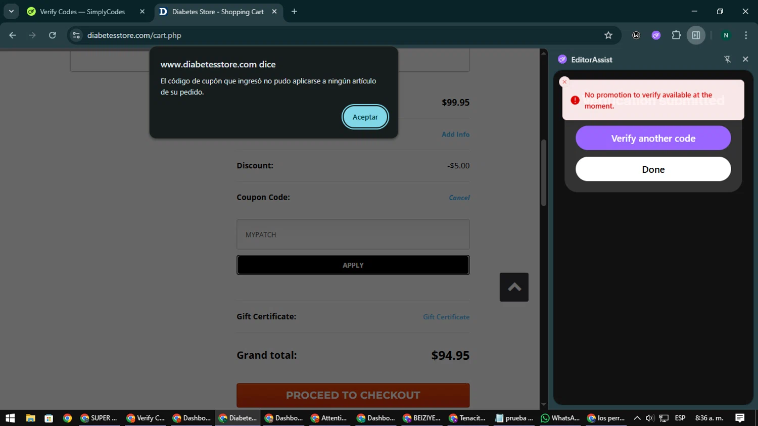DiabetesStore promo code screenshot showing code MYPATCH applied at DiabetesStore checkout page. Uploaded by SimplyCodes community member nataaokiiii on Dec 22, 2025