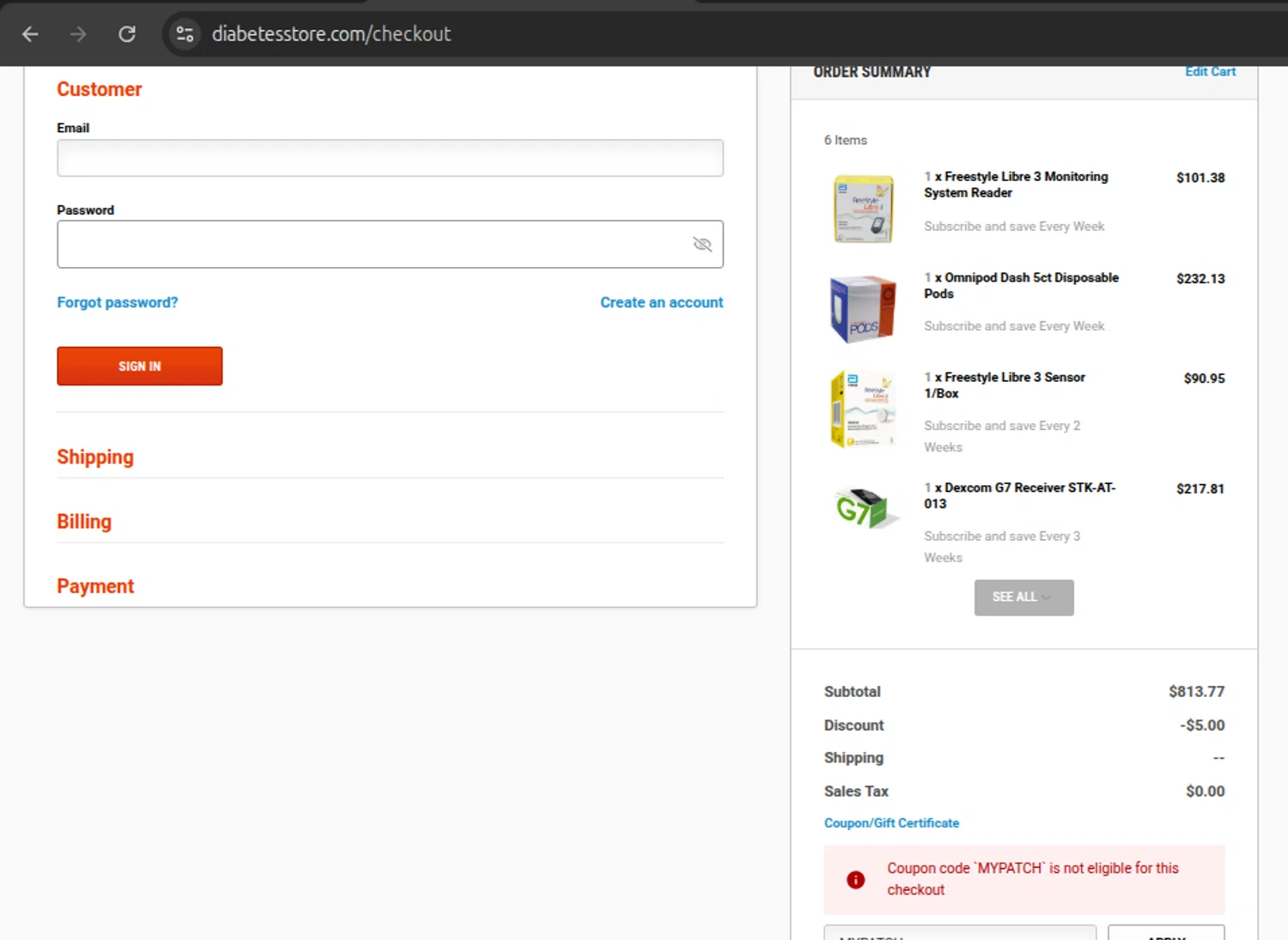 DiabetesStore promo code screenshot showing code MYPATCH applied at DiabetesStore checkout page. Uploaded by SimplyCodes community member six_eyes on Oct 2, 2025