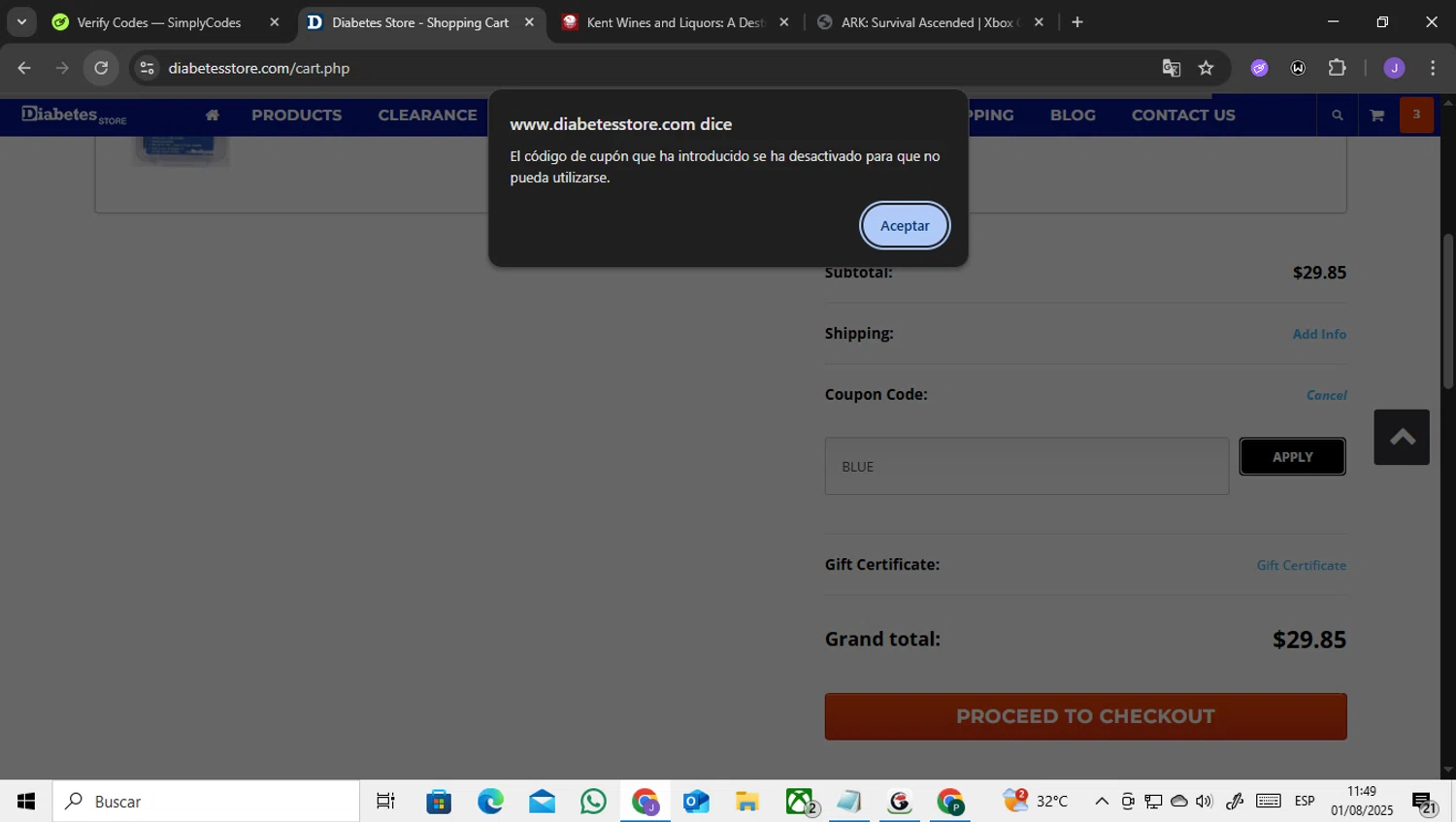 DiabetesStore promo code screenshot showing code BLUE applied at DiabetesStore checkout page. Uploaded by SimplyCodes community member ENCARAMESSI on Aug 1, 2025