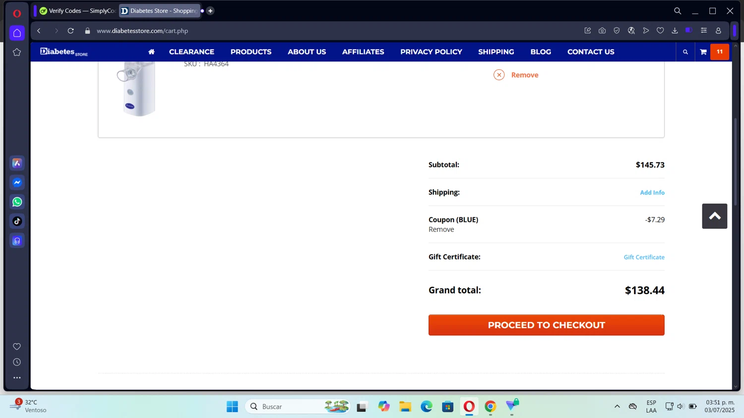 DiabetesStore promo code screenshot showing code BLUE applied at DiabetesStore checkout page. Uploaded by SimplyCodes community member Tortu_1 on Jul 3, 2025