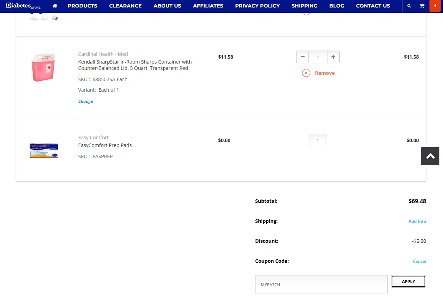 DiabetesStore promo code screenshot showing code MYPATCH applied at DiabetesStore checkout page. Uploaded by SimplyCodes community member ashe1986 on Sep 3, 2025