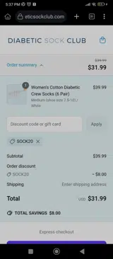 SOCK20 coupon verification screenshot