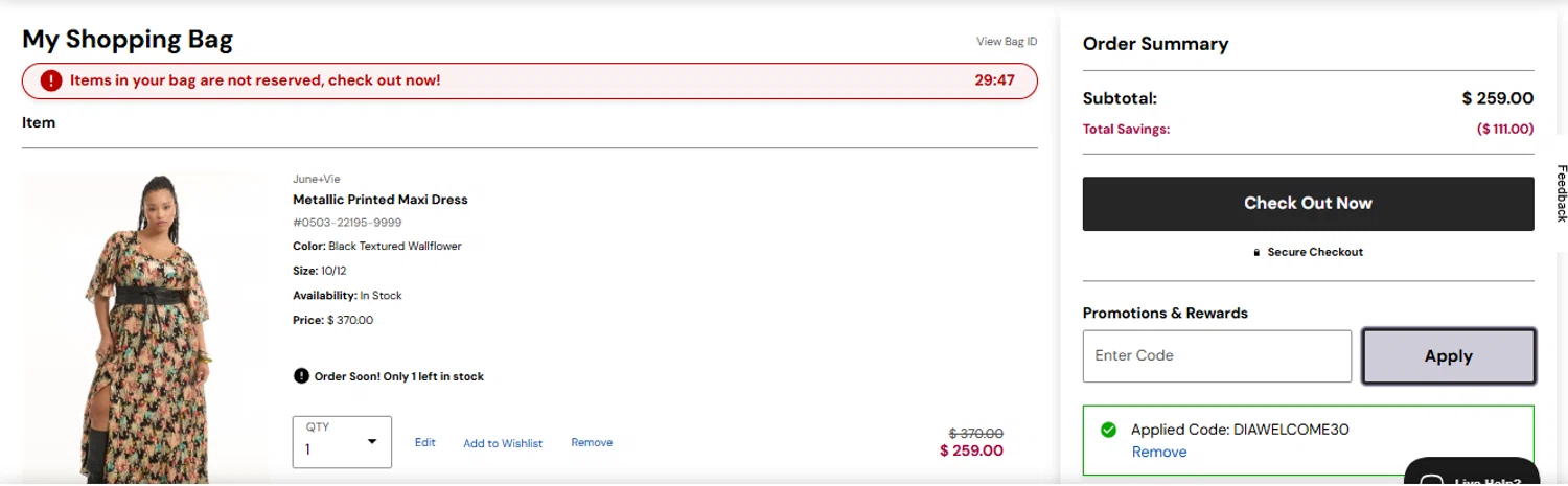 Dia & Co promo code screenshot showing code DIAWELCOME30 applied at Dia & Co checkout page. Uploaded by SimplyCodes community member Randy2025 on Jun 19, 2025