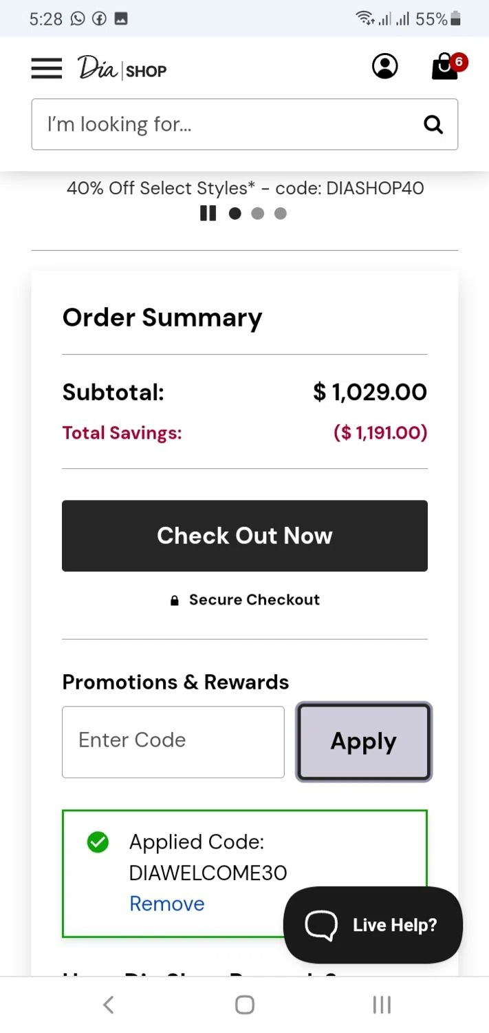 Dia & Co promo code screenshot showing code DIAWELCOME30 applied at Dia & Co checkout page. Uploaded by SimplyCodes community member menotychire on Jun 26, 2025