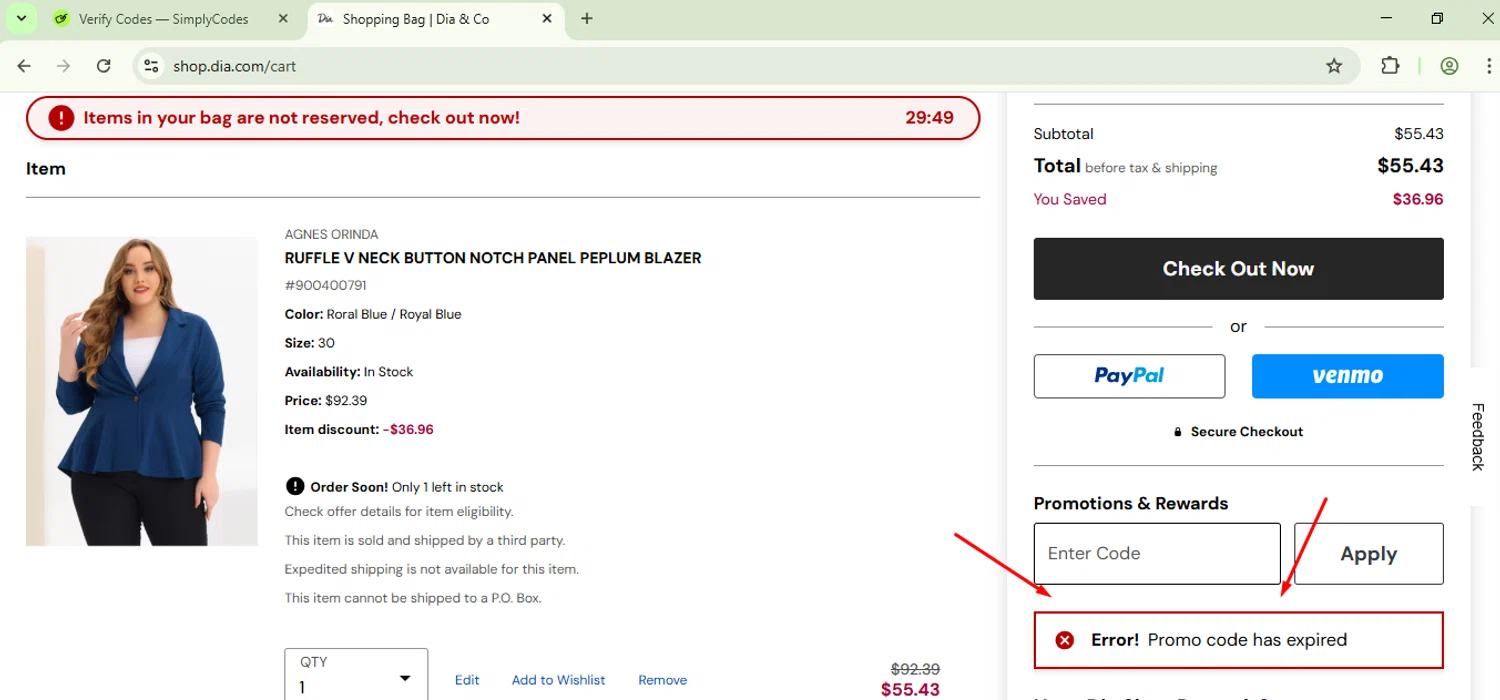 Dia & Co promo code screenshot showing code DIASHOP40 applied at Dia & Co checkout page. Uploaded by SimplyCodes community member CoinSage1043 on Aug 5, 2025