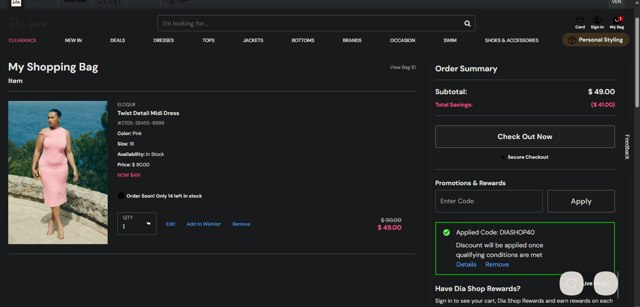 Dia & Co checkout page showing Dia & Co promo code box | Screenshot taken by SimplyCodes community member on Jun 28, 2025