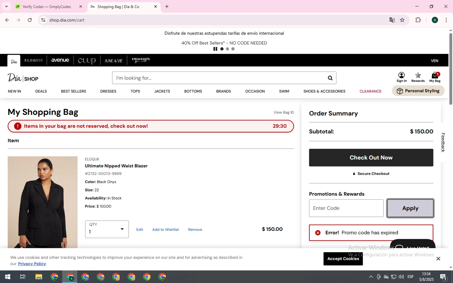 Dia & Co promo code screenshot showing code DIASHOP40 applied at Dia & Co checkout page. Uploaded by SimplyCodes community member PennyCurator1095 on Aug 5, 2025