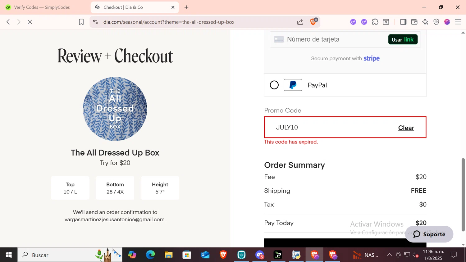 Dia & Co promo code screenshot showing code JULY10 applied at Dia & Co checkout page. Uploaded by SimplyCodes community member SKAYNE1 on Aug 1, 2025
