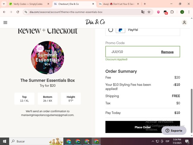 Dia & Co checkout page showing Dia & Co promo code box | Screenshot taken by SimplyCodes community member on Jul 3, 2025
