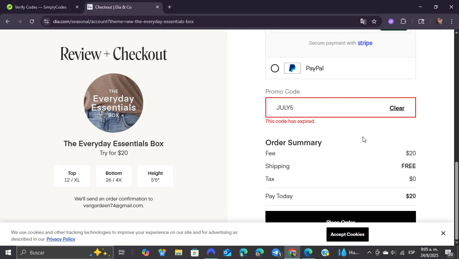 Dia & Co promo code screenshot showing code JULY5 applied at Dia & Co checkout page. Uploaded by SimplyCodes community member ShieldEagle9436 on Aug 24, 2025