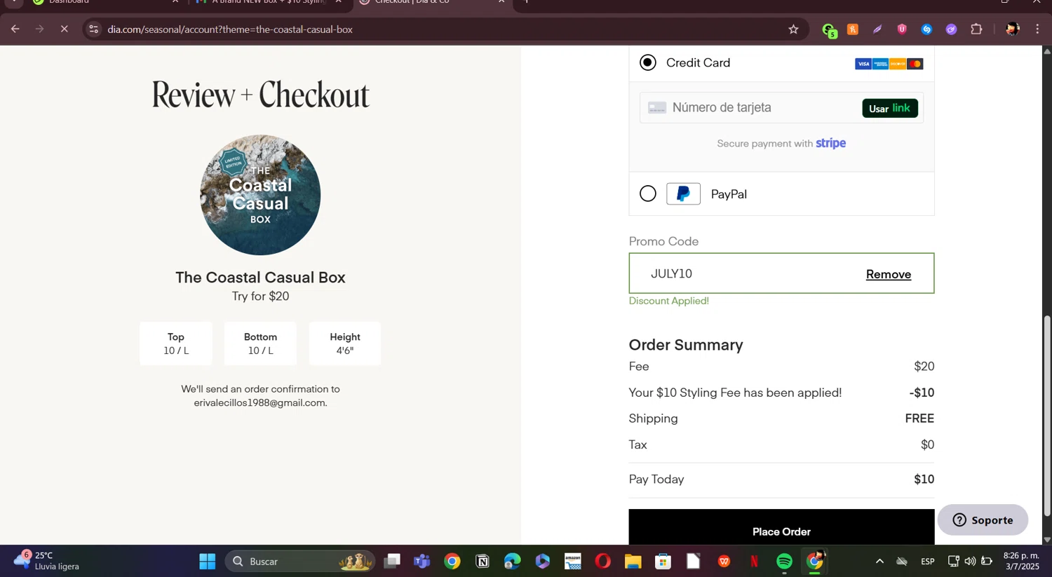 Dia & Co promo code screenshot showing code JULY10 applied at Dia & Co checkout page. Uploaded by SimplyCodes community member ERI0810 on Jul 4, 2025