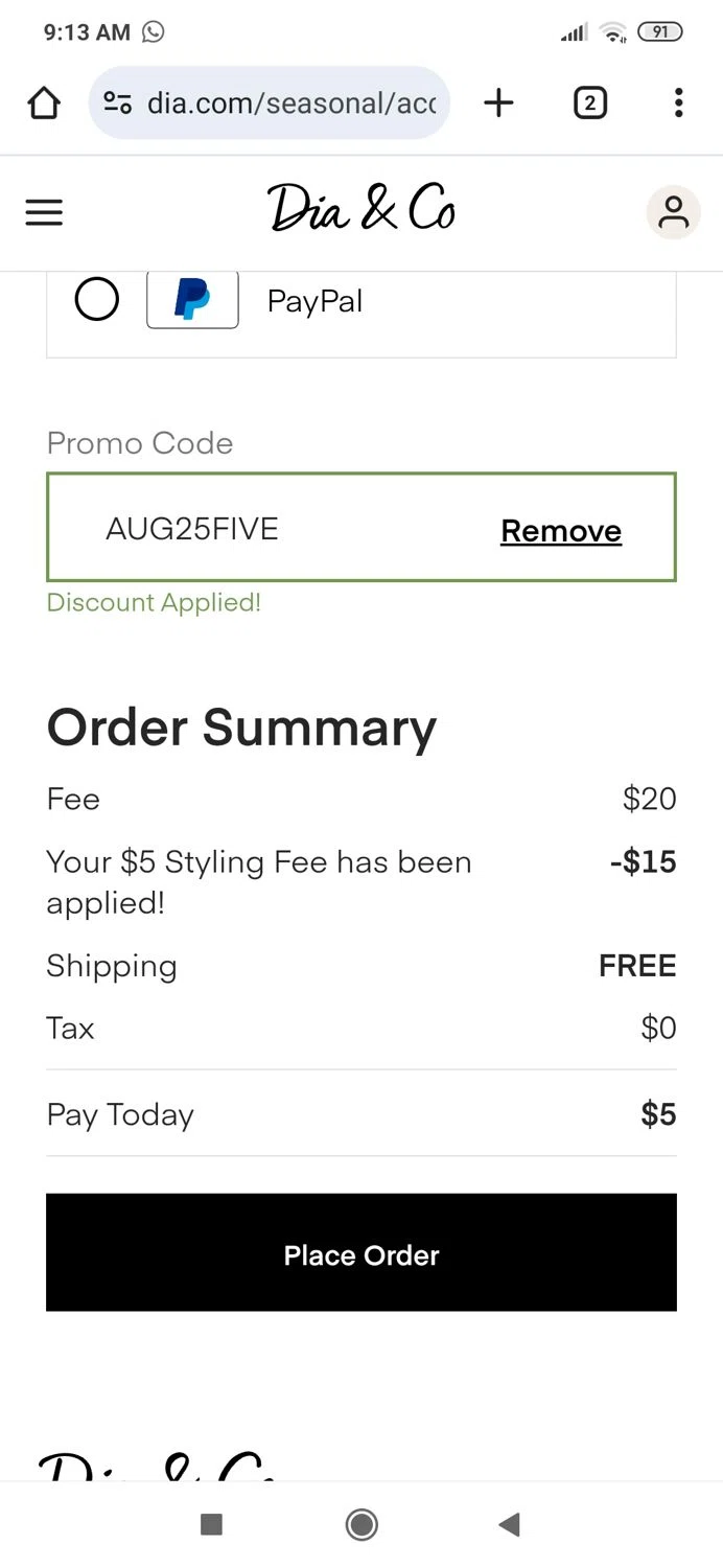 Dia & Co promo code screenshot showing code AUG25FIVE applied at Dia & Co checkout page. Uploaded by SimplyCodes community member MightyBoss9975 on Aug 28, 2025