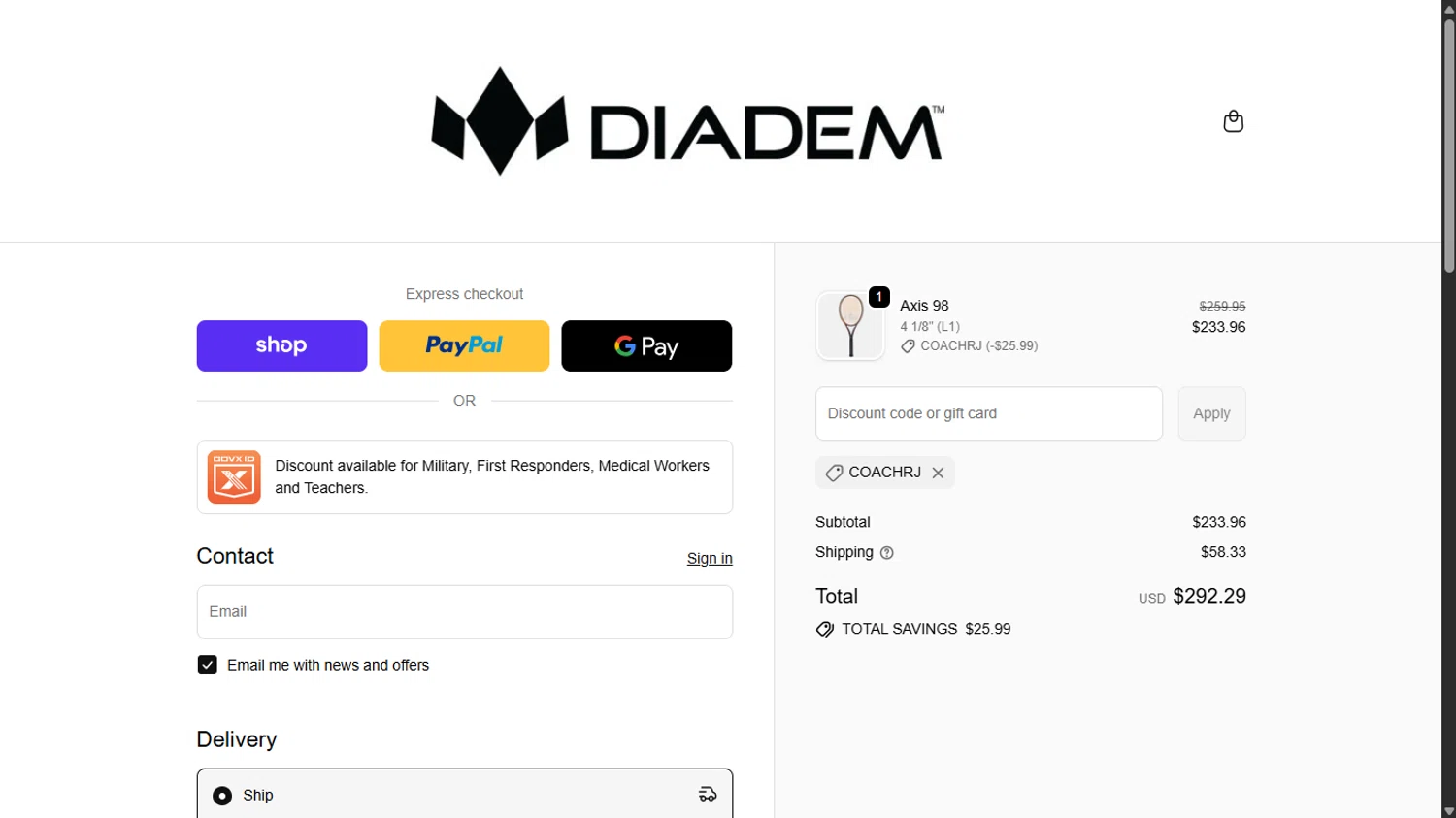 Diadem promo code screenshot showing code CoachRJ applied at Diadem checkout page. Uploaded by SimplyCodes community member ______________ on Nov 13, 2025