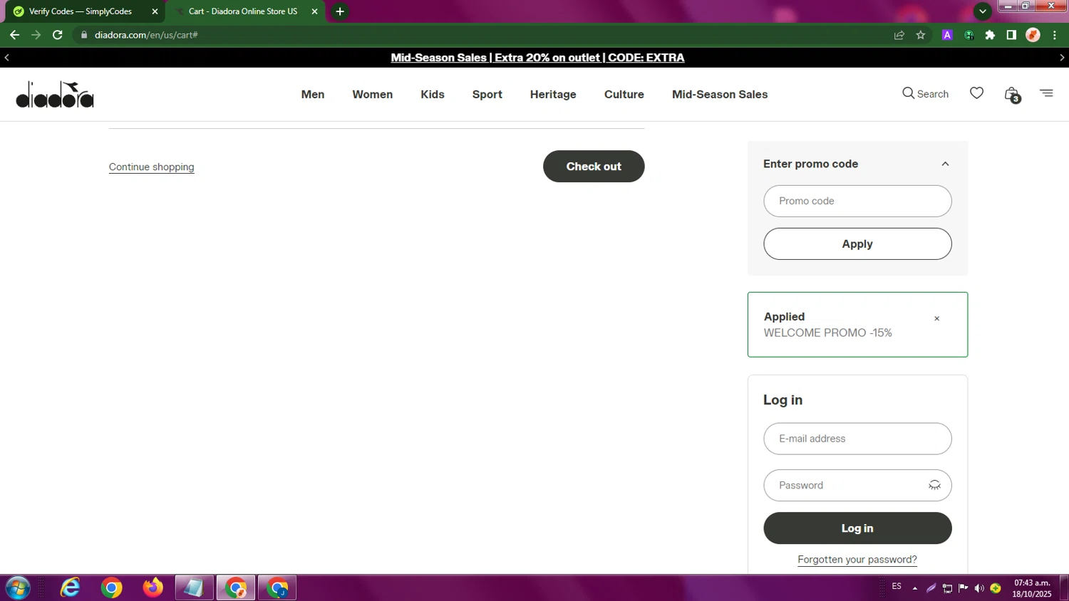 Diadora promo code screenshot showing code DIADORAFIRST applied at Diadora checkout page. Uploaded by SimplyCodes community member LegendaryBoss7060 on Oct 18, 2025