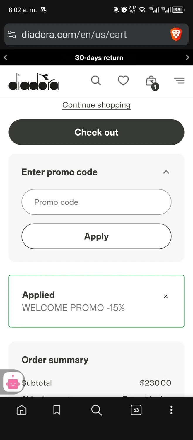 Diadora promo code screenshot showing code DIADORAFIRST applied at Diadora checkout page. Uploaded by SimplyCodes community member usermariee on Nov 16, 2025