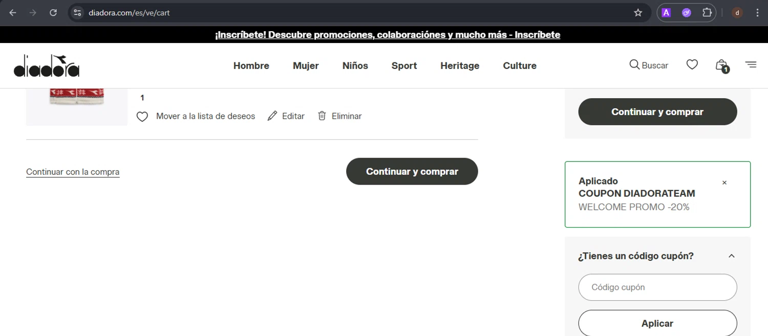 Diadora promo code screenshot showing code DIADORATEAM applied at Diadora checkout page. Uploaded by SimplyCodes community member VoucherSpotter9376 on Dec 9, 2025