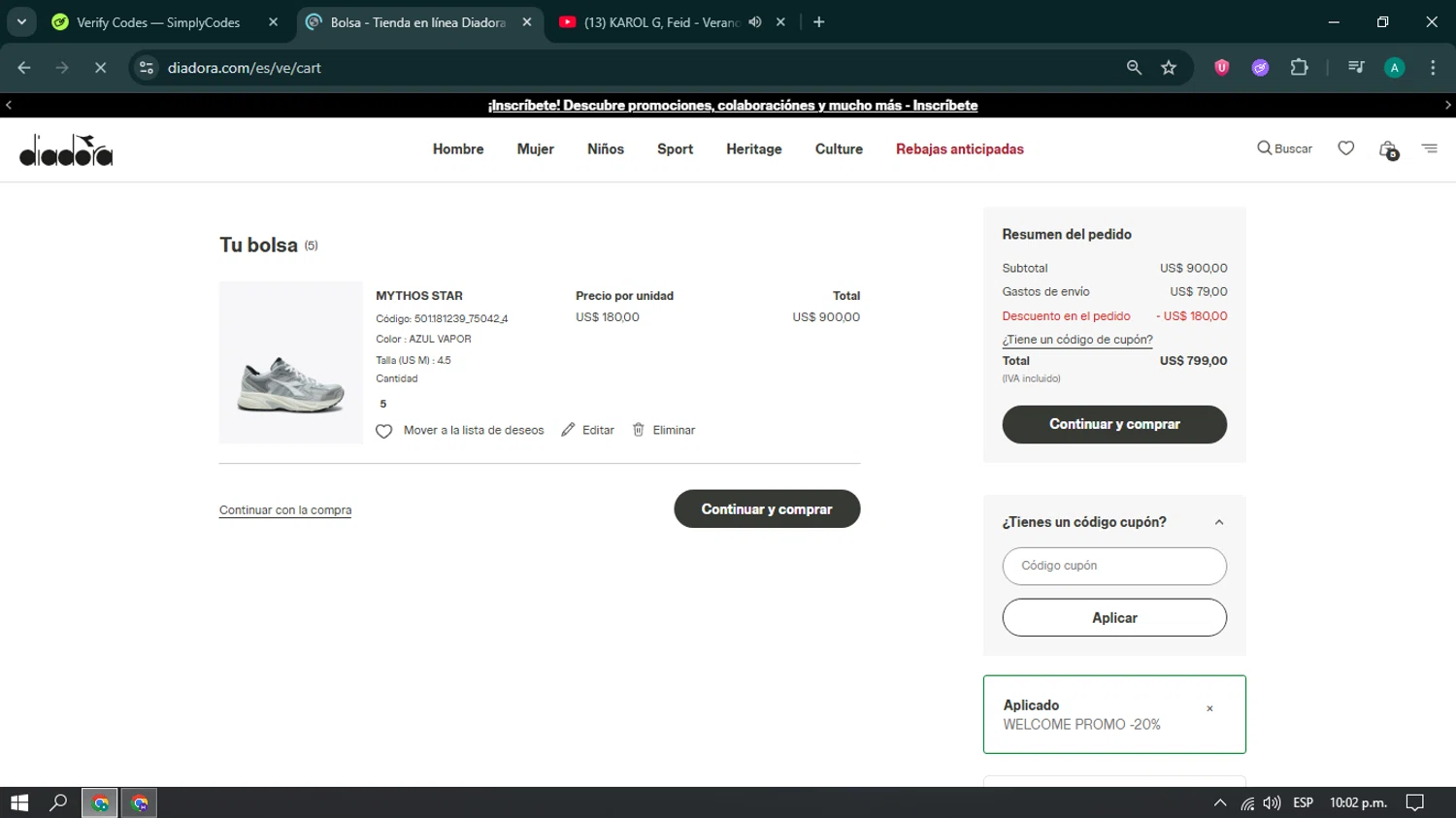 Diadora promo code screenshot showing code DIADORATEAM applied at Diadora checkout page. Uploaded by SimplyCodes community member brianoconner on Jun 21, 2025