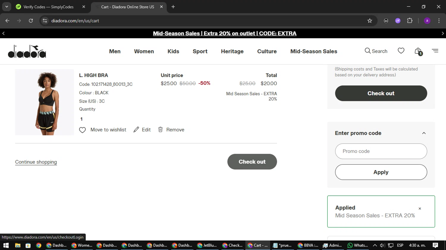 Diadora promo code screenshot showing code extra applied at Diadora checkout page. Uploaded by SimplyCodes community member CoinElite8997 on Oct 3, 2025