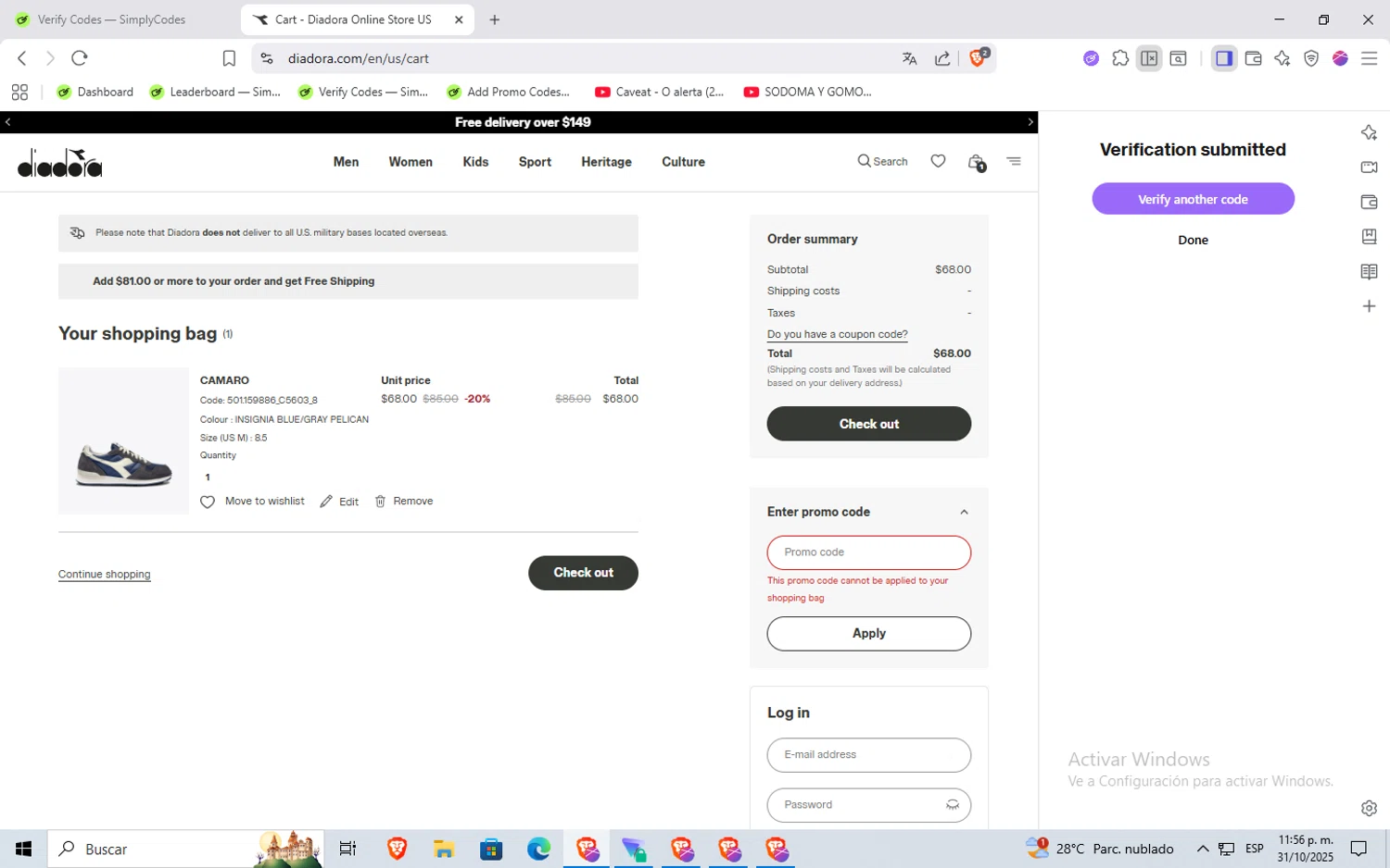 Diadora promo code screenshot showing code extra applied at Diadora checkout page. Uploaded by SimplyCodes community member Rayyyyyy on Nov 1, 2025