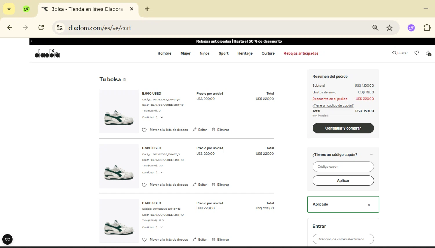 Diadora promo code screenshot showing code DIADWARMUP applied at Diadora checkout page. Uploaded by SimplyCodes community member EpicSpotter6525 on Jun 14, 2025