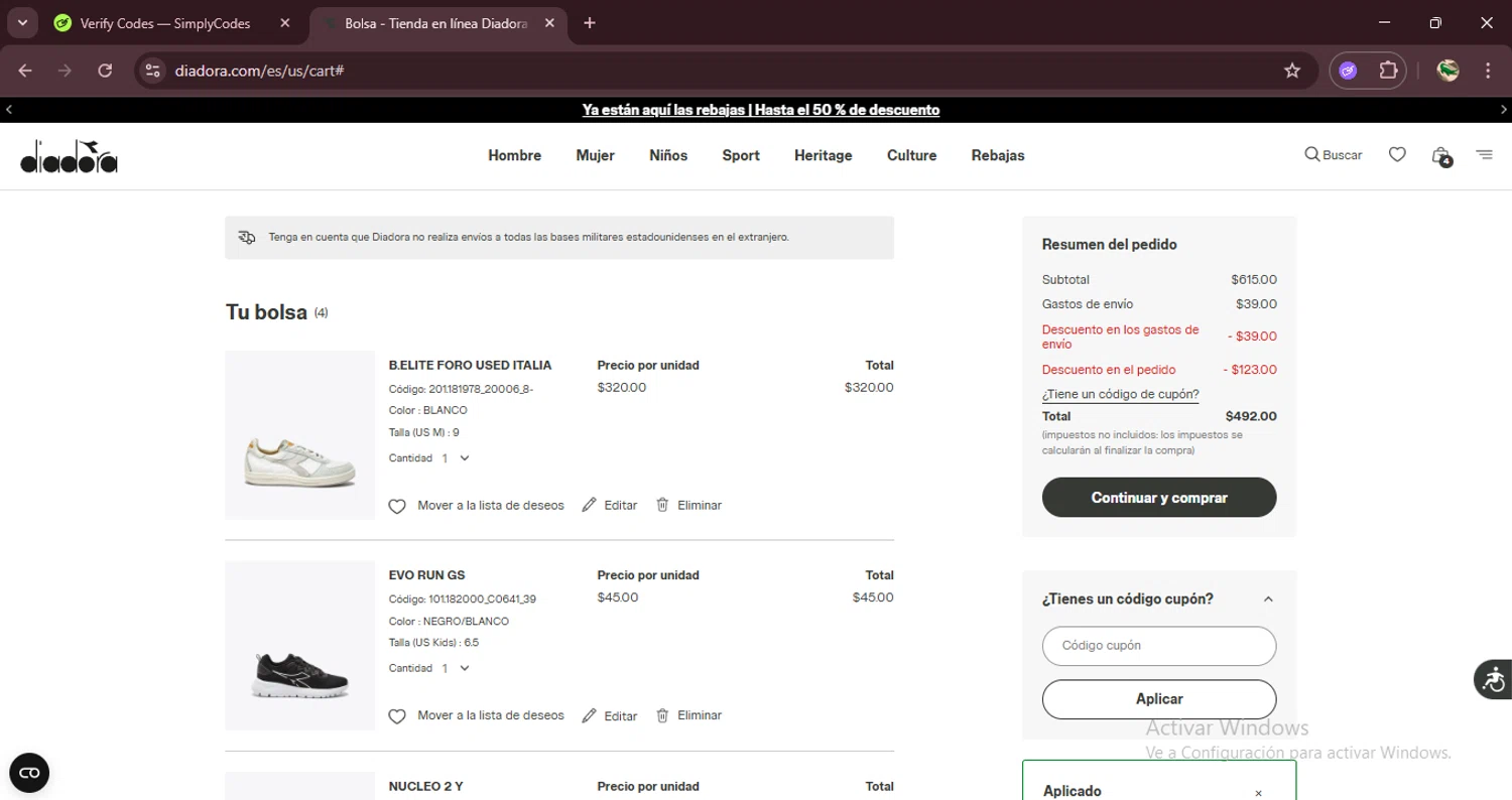 Diadora promo code screenshot showing code DIADWARMUP applied at Diadora checkout page. Uploaded by SimplyCodes community member RewardDefender7173 on Jun 21, 2025