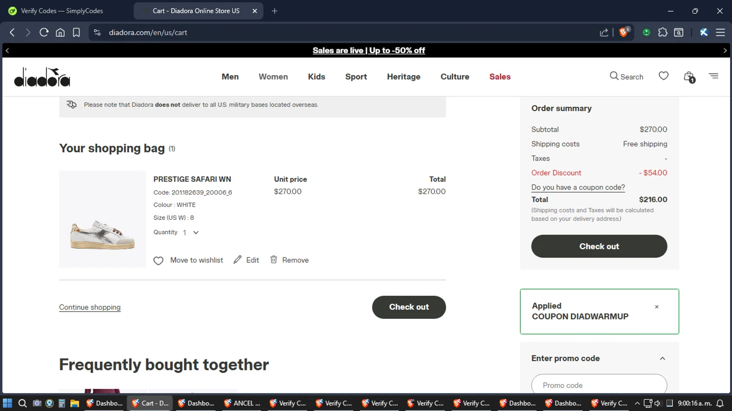 Diadora checkout page showing Diadora promo code box | Screenshot taken by SimplyCodes community member on Jan 14, 2026