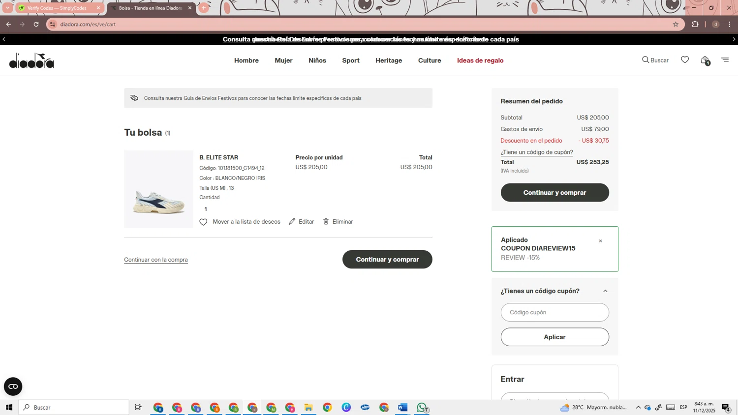Diadora promo code screenshot showing code DIAREVIEW15 applied at Diadora checkout page. Uploaded by SimplyCodes community member RebateRanger3247 on Dec 11, 2025