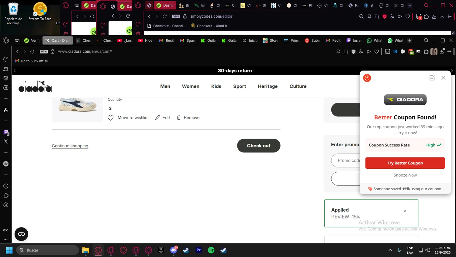 Diadora promo code screenshot showing code DIAREVIEW15 applied at Diadora checkout page. Uploaded by SimplyCodes community member kurcovein on Sep 15, 2025
