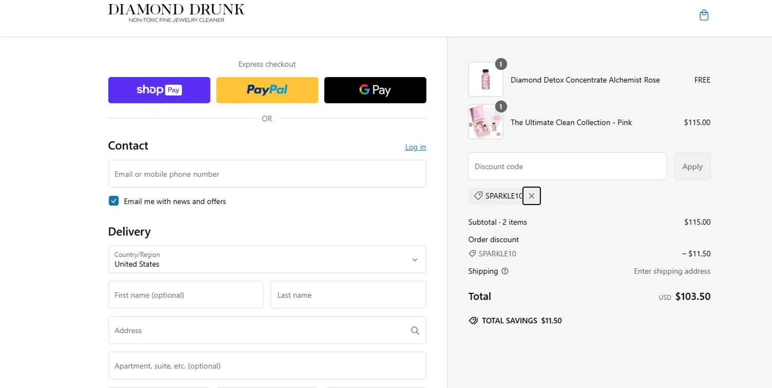 Diamond Drunk promo code screenshot showing code SPARKLE10 applied at Diamond Drunk checkout page. Uploaded by SimplyCodes community member LuckyGenius2503 on Feb 13, 2025
