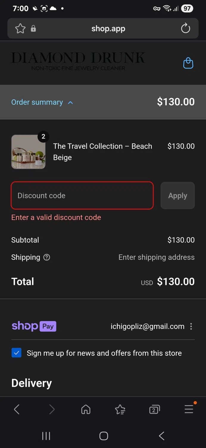 Diamond Drunk promo code screenshot showing code dirty10 applied at Diamond Drunk checkout page. Uploaded by SimplyCodes community member BudgetSpotter1238 on Aug 23, 2025