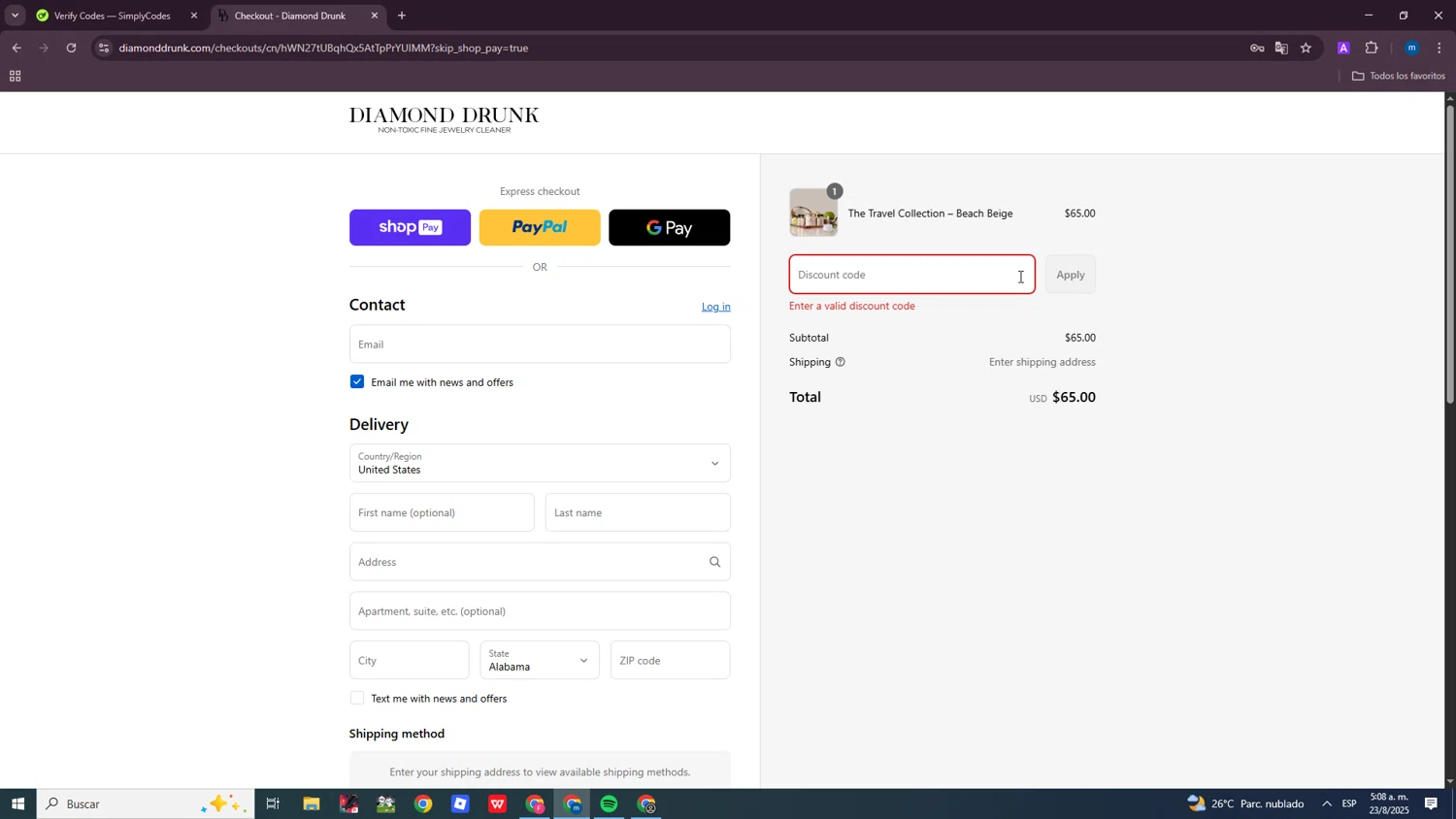 Diamond Drunk promo code screenshot showing code dirty10 applied at Diamond Drunk checkout page. Uploaded by SimplyCodes community member SmartWizard8062 on Aug 23, 2025