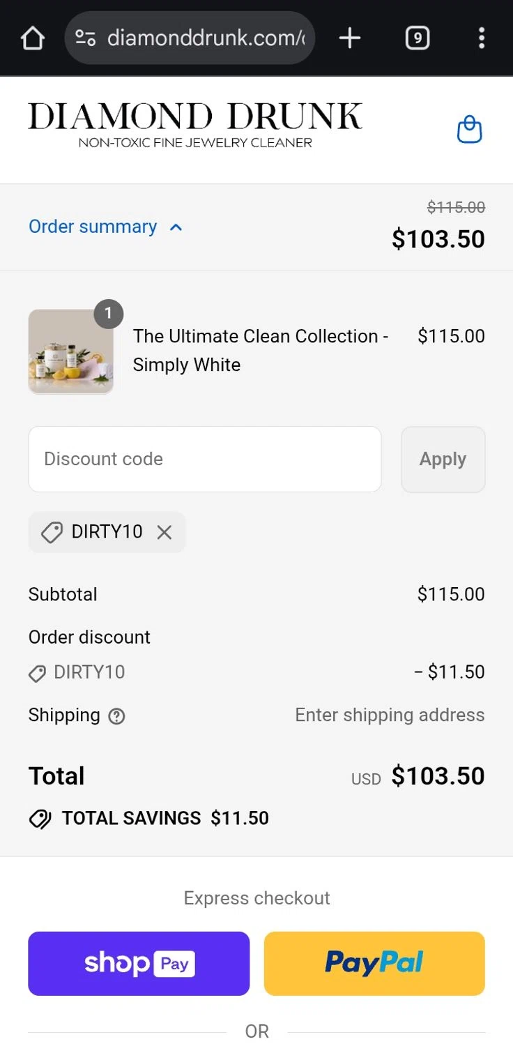 Diamond Drunk promo code screenshot showing code dirty10 applied at Diamond Drunk checkout page. Uploaded by SimplyCodes community member ValiantCurator3344 on Aug 17, 2025