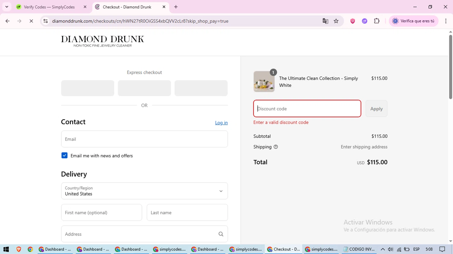 Diamond Drunk promo code screenshot showing code dirty10 applied at Diamond Drunk checkout page. Uploaded by SimplyCodes community member loversuper on Aug 23, 2025