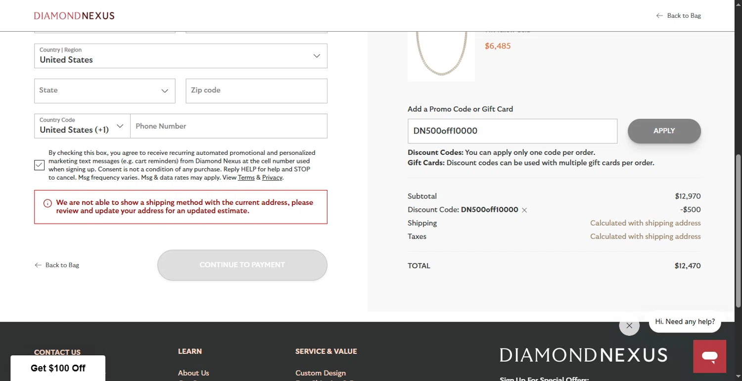 Diamond Nexus discount code screenshot showing code DN500off10000 applied at Diamond Nexus checkout page. Uploaded by SimplyCodes community member BonusFox1297 on Jul 22, 2025