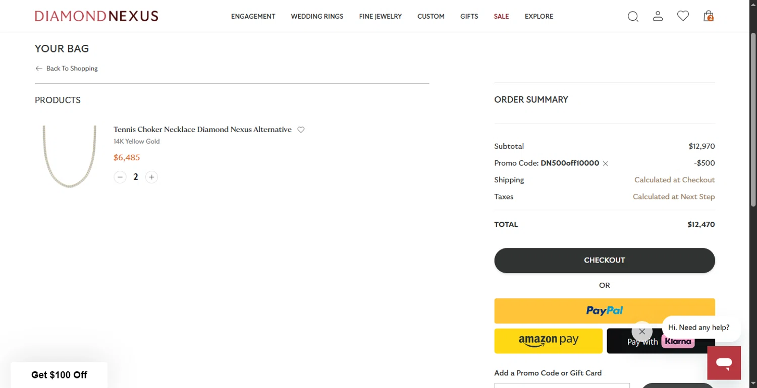 Diamond Nexus discount code screenshot showing code DN500off10000 applied at Diamond Nexus checkout page. Uploaded by SimplyCodes community member CodeFinder699 on Jul 22, 2025
