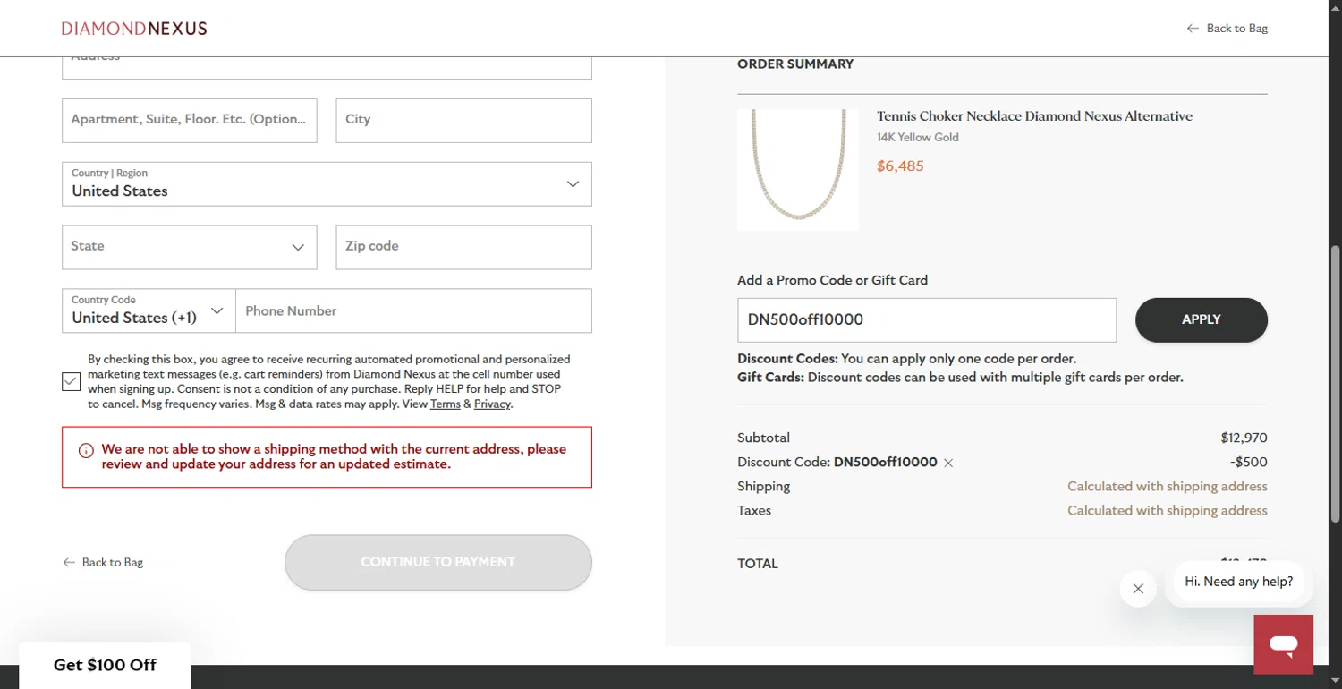 Diamond Nexus discount code screenshot showing code DN500off10000 applied at Diamond Nexus checkout page. Uploaded by SimplyCodes community member LlonardoLotes on Jul 22, 2025