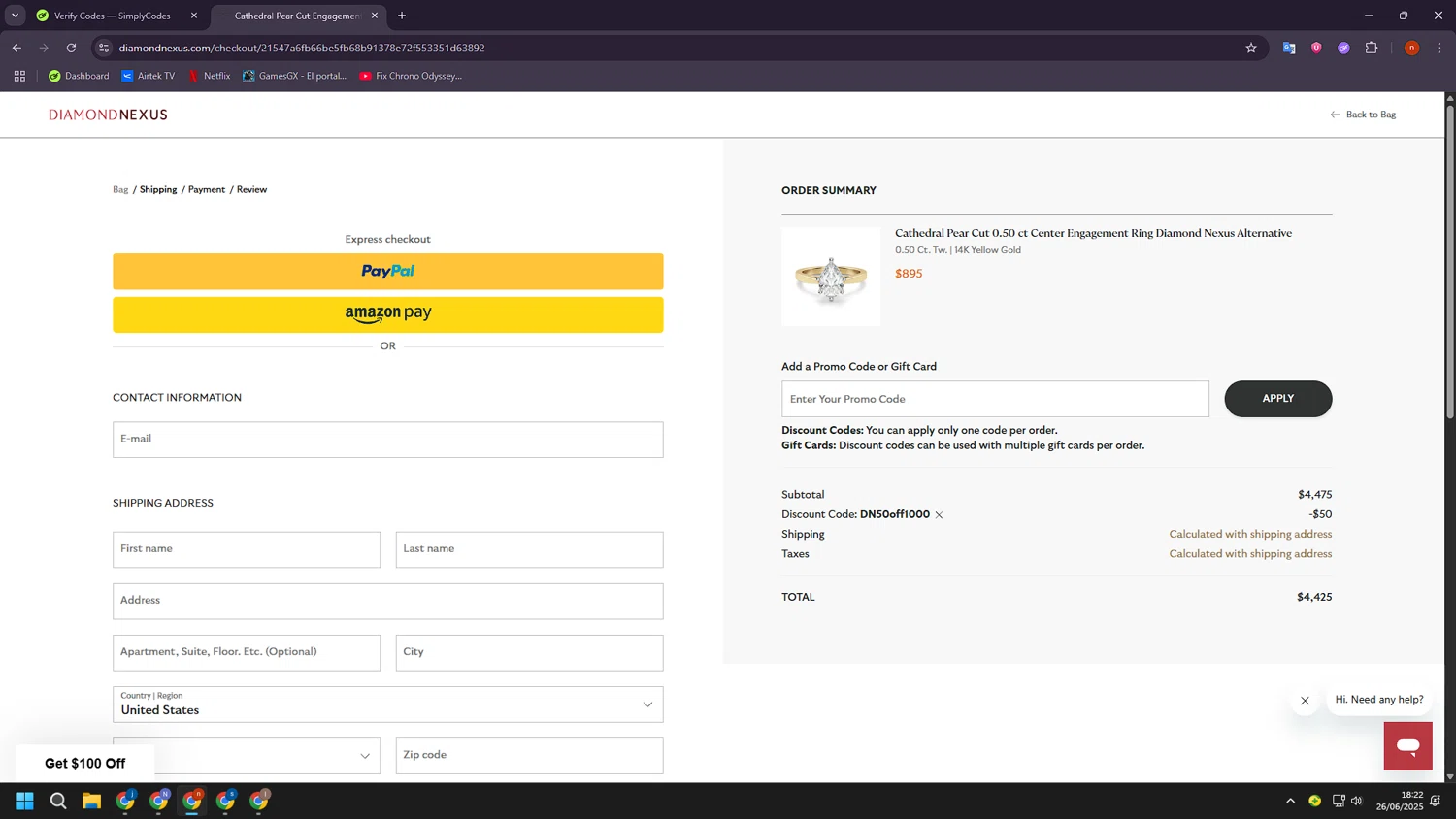 Diamond Nexus discount code screenshot showing code DN50off1000 applied at Diamond Nexus checkout page. Uploaded by SimplyCodes community member BudgetShopper182 on Jun 26, 2025