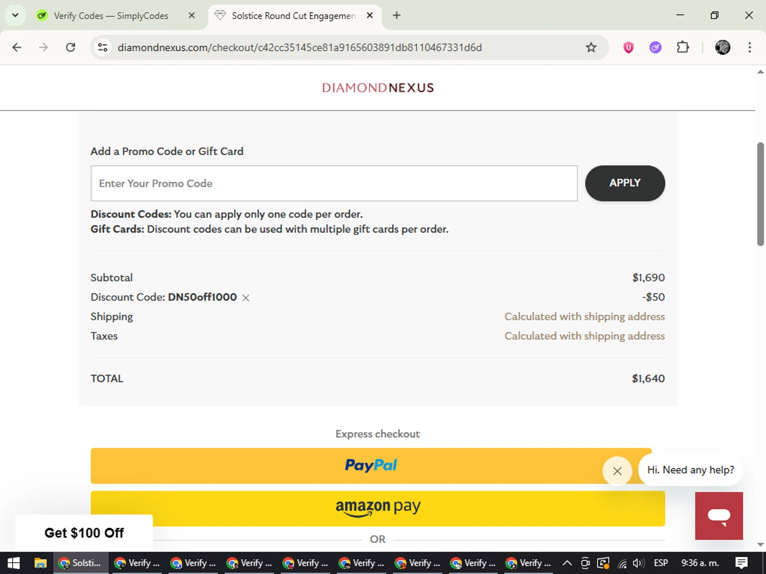 Diamond Nexus discount code screenshot showing code DN50off1000 applied at Diamond Nexus checkout page. Uploaded by SimplyCodes community member PrimeKnight6101 on Jun 26, 2025