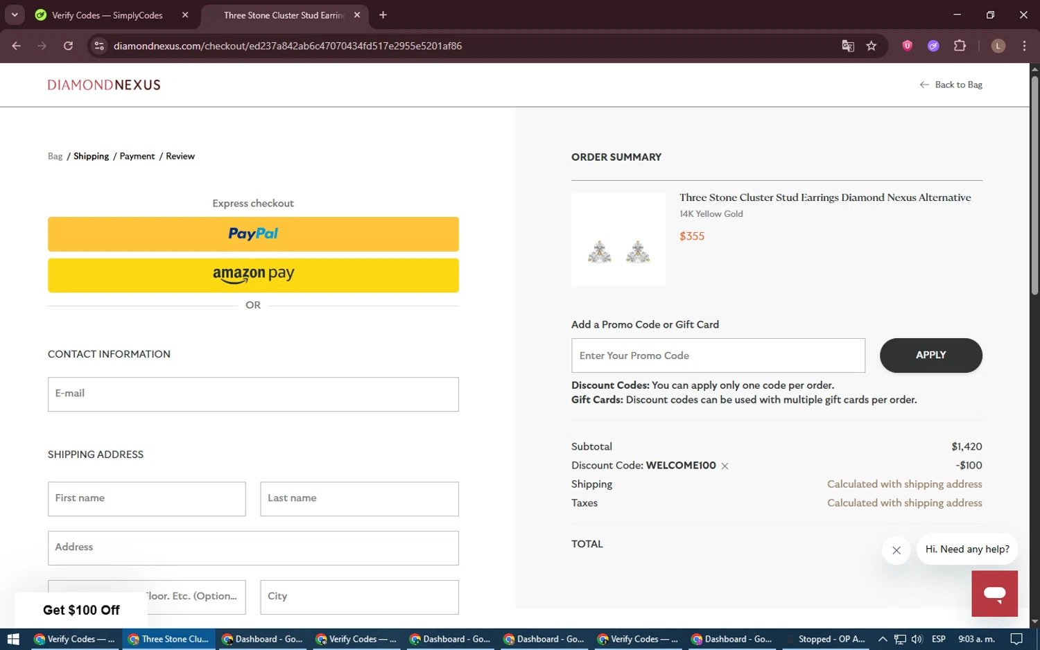 Diamond Nexus discount code screenshot showing code WELCOME100 applied at Diamond Nexus checkout page. Uploaded by SimplyCodes community member BrilliantTiger9986 on Jun 26, 2025